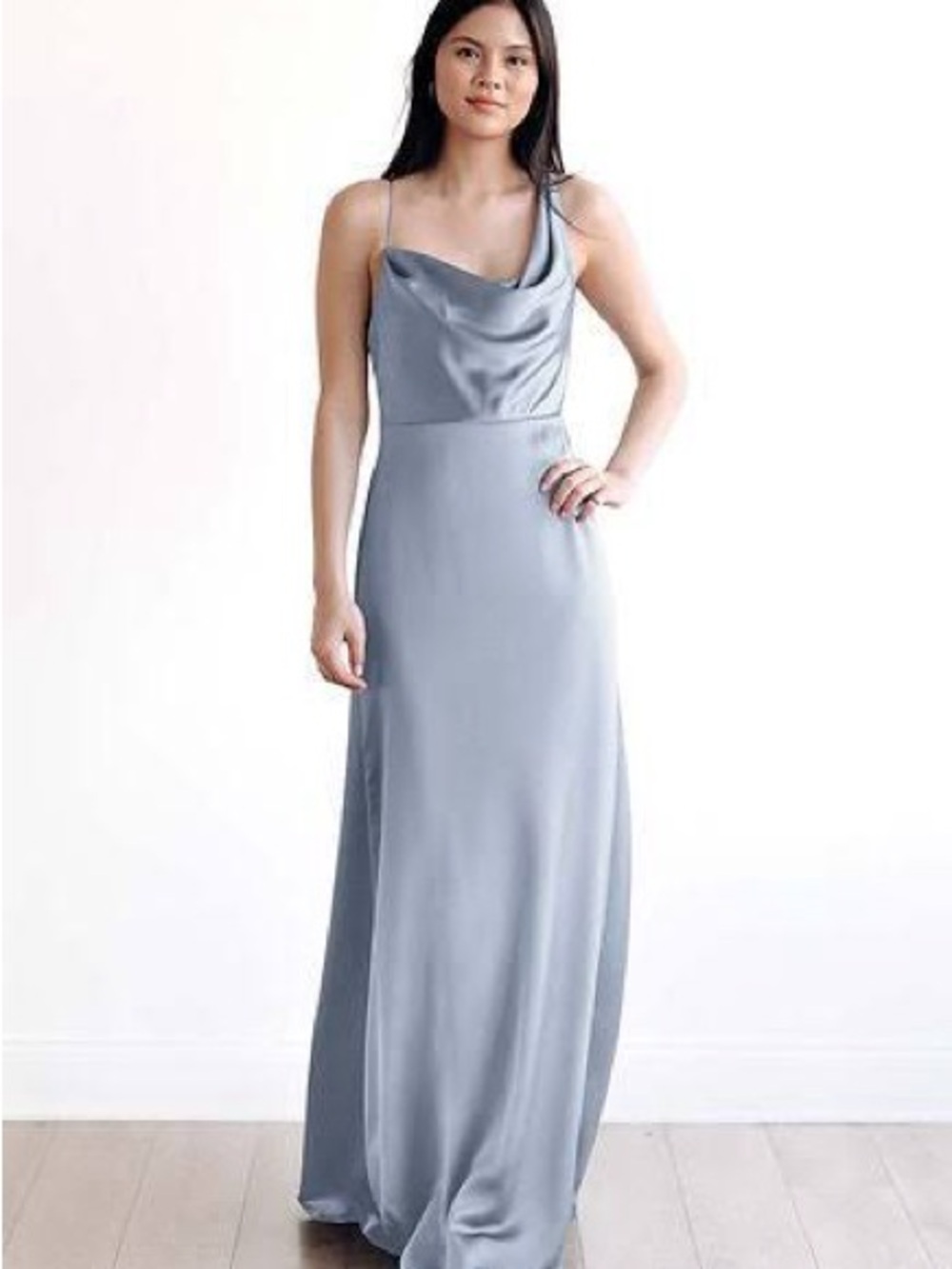 Watters Silver-Blue Asymmetrical Cowl Satin Gown
